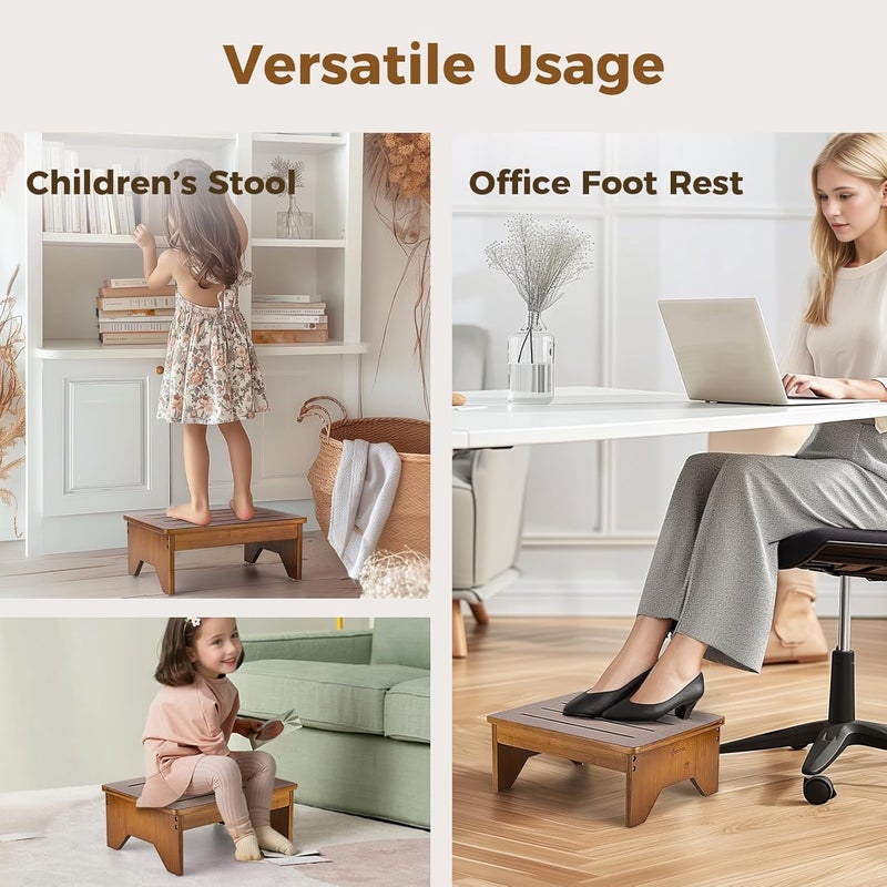 StrongTek Bamboo Bed Step Stool for Adults & Kids – Wide 16" Platform, 300 lbs Capacity, Non-Slip Drainage Surface, 6.5" Height Safe Bedside Stool, Bathroom Shower Step & Office Foot Rest (Walnut) - Image 5